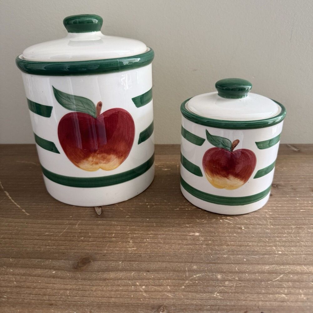 Set Of 2 Vintage Country Ceramic Apple Canisters Grandmacore Cottage Cabin
